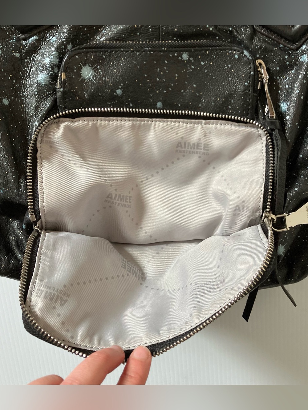 Aimee Kestenberg Galaxy Print Leather Tote Bag Black Shoulder Bag - Picture 8 of 11